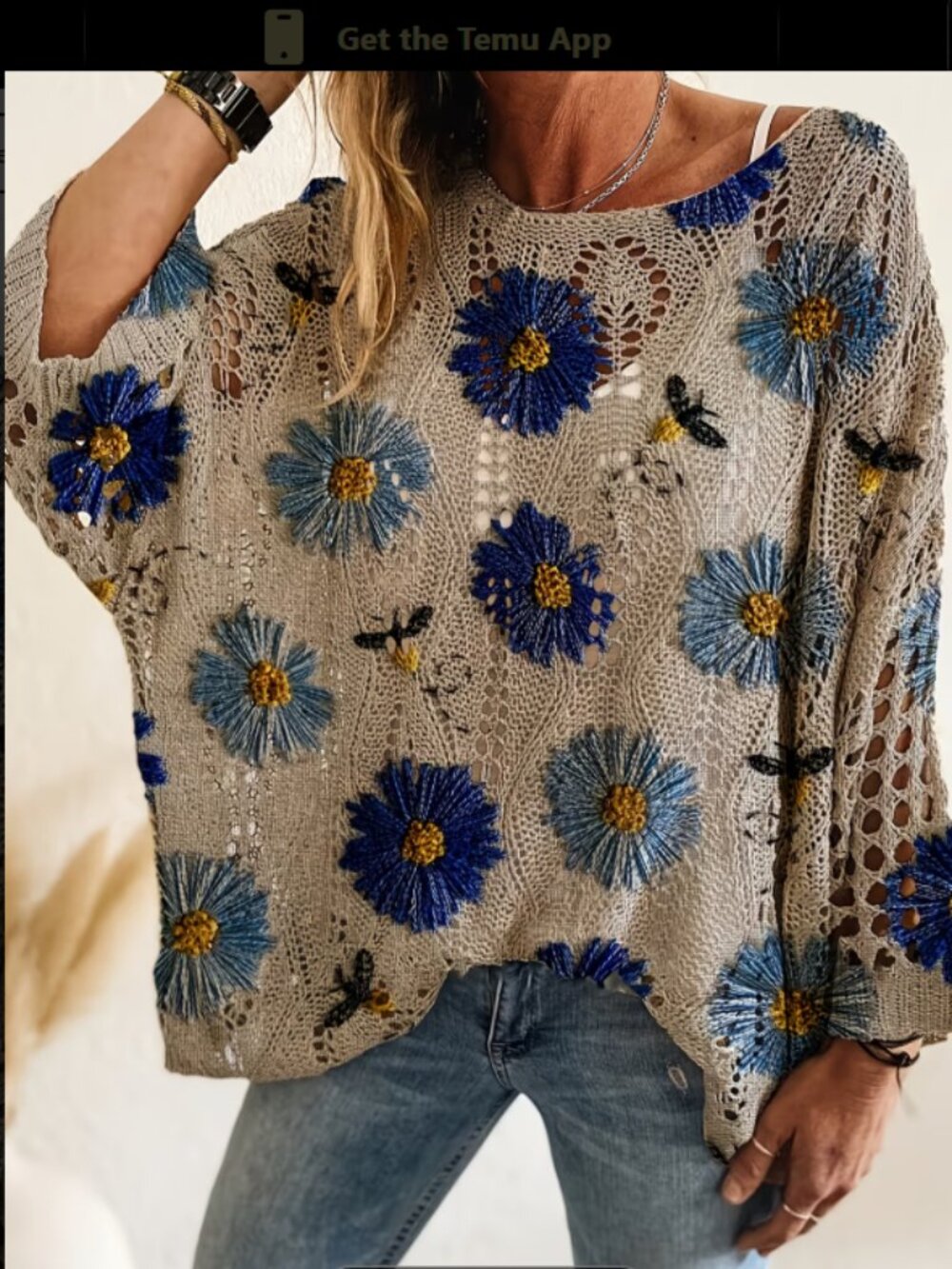 Cream Open Knit Sweater Blue Floral Print Oversized Lightweight Boho Summer Top - Picture 1 of 7